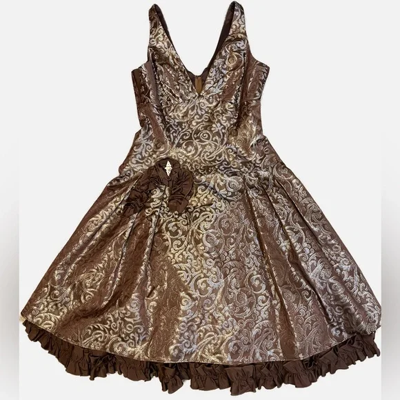 Jessica McClintock Gunne Sax Women’s Size 6 80s 90s Brown Gold Rhinestone Dress - Picture 12 of 13